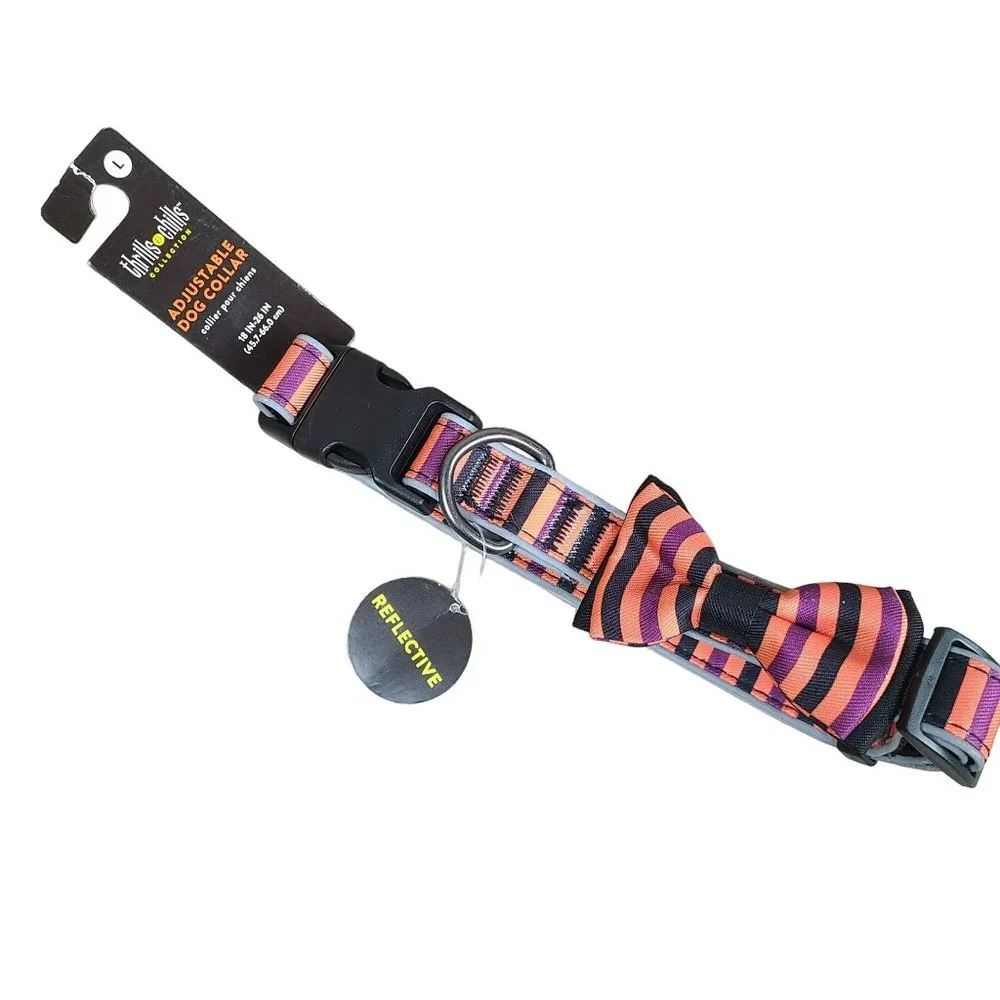 Thrills & Chills Glow In The Dark Halloween Black & Orange Dog Collar Sz LG